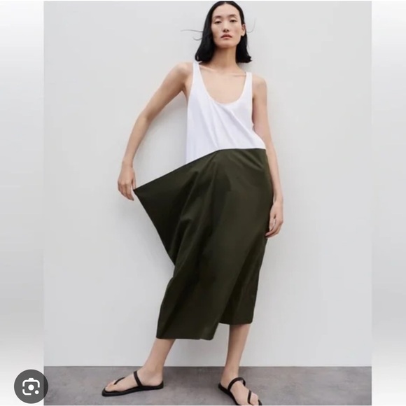 Zara NWT M combination poplin dress Asymmetrical Dark Green Skirt - Picture 1 of 14